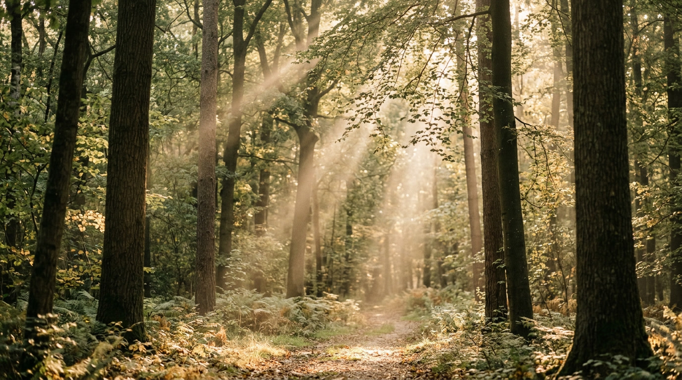 Soft sunrays streaming through a forest canopy