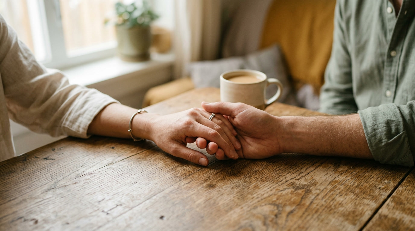 Two people's hands resting gently together