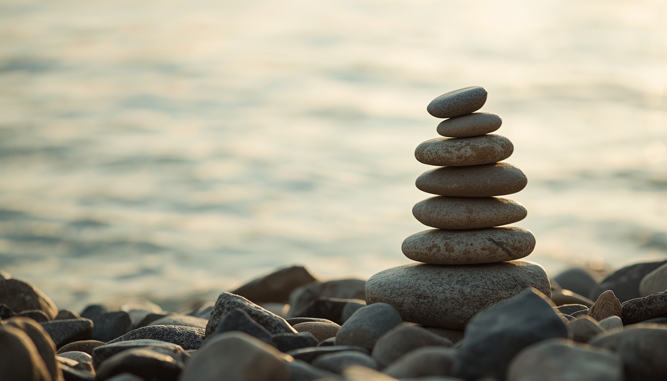 A balanced stack of smooth stones beside calm water
