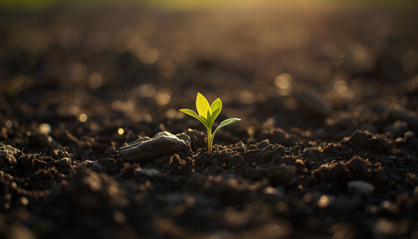 A green sprout rising from soil at sunrise