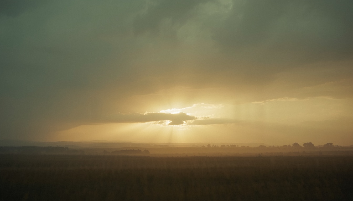 Sunrise breaking through clearing clouds after rain